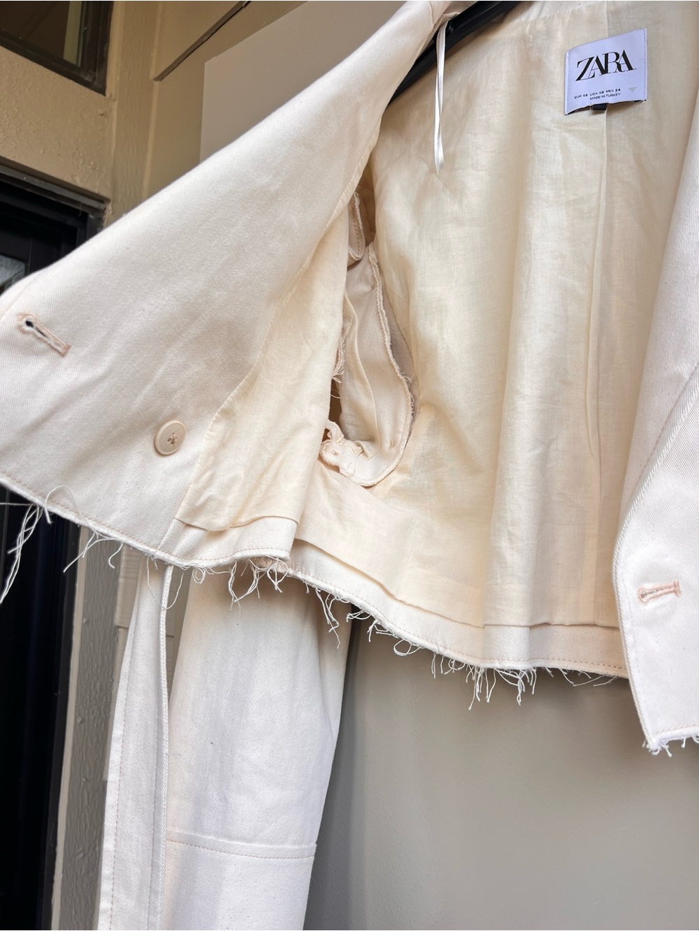 Zara XS S Cropped Denim Trench Jacket Ivory Raw Hem Belted Cotton Utility Blazer - Picture 11 of 16